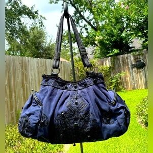 Jasper & Jeera Anthropologie  Large Leather  Cotton Embroidered Purse Kisslock